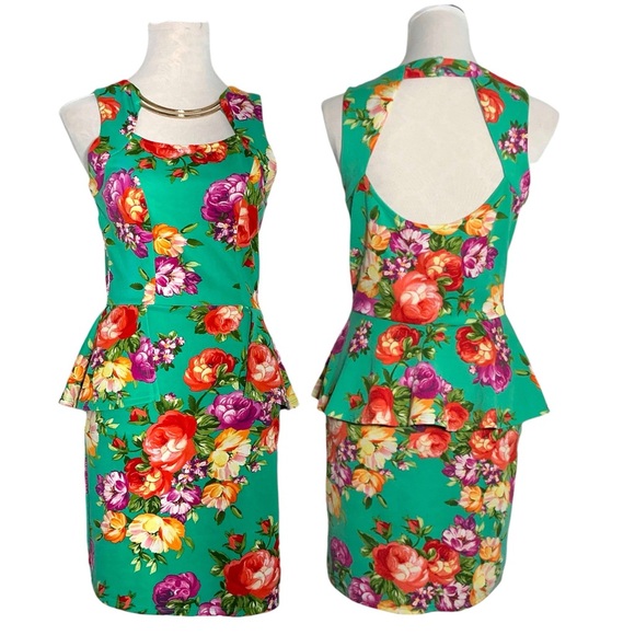 Glam Doll Dress Sleeveless Back Keyhole Cutout Bodycon Pendulum Green Floral M - Picture 3 of 16